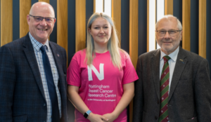 From left to right: Andrew Rainbow (Nottinghamshire Freemasons), Sophie Williams (Nottingham Breast Cancer Research Centre) and Peter Gregory (Nottinghamshire Freemasons)